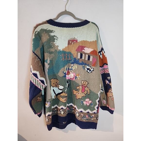 VINTAGE 90s TOGETHER Floral Chunky Knit Cardigan Sweater XL Teddy Bear - Picture 7 of 7